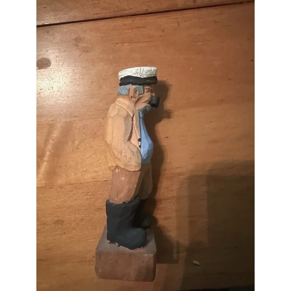 Hand-Carved Wood Sailor Captain Figurine w/ Pipe Nautical Folk Art